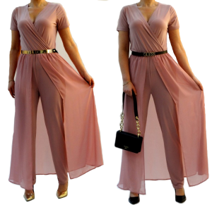 Elegancki  różowy kombinezon z szyfonowym trenem (34-56)