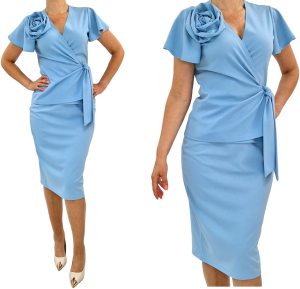 Wizytowy błękitny komplet  bluzka i spódnica midi kwiat 3D roz36-56