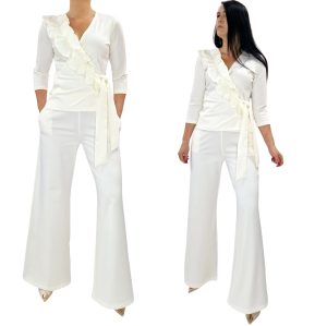 Elegancki komplet damski kopertowy ze spodniami  na ślub, wesele, komunię