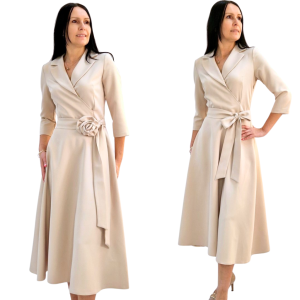 Beżowa elegancka rozkloszowana sukienka z kołnierzem (34-54)