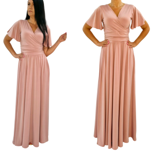 Sukienka  elegancka maxi kopertowy dekolt na wesele pudrowy róż r.36-56