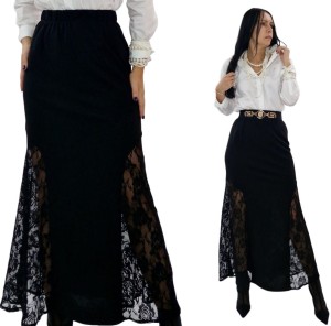 Czarna Maxi spódnica z koronkowymi wstawkami elegancka długa kobieca