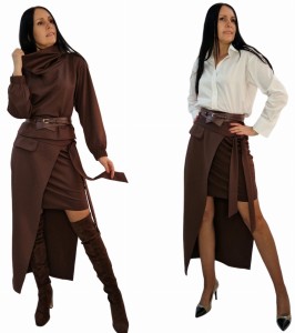 Stylowa modna brązowa spódnica asymetryczna z wiązaniem 