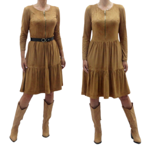 Karmelowa sukienka z falbanami zip od roz 34-56