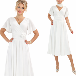 Sukienka midi jasny krem elegancka kopertowa rękaw motylek roz 34-56